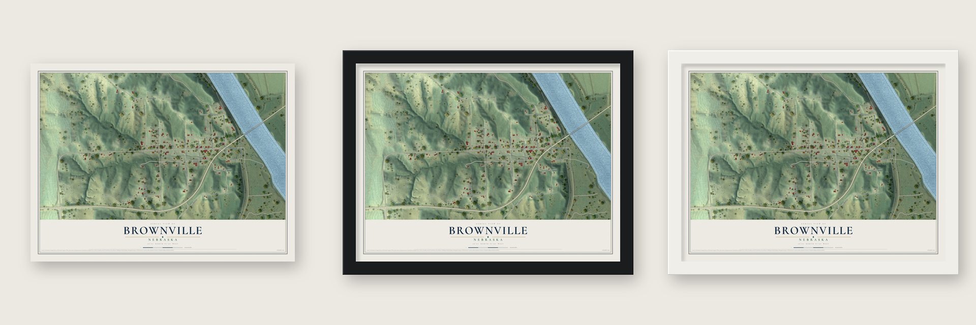 Brownville, Nebraska map unframed, in a black wood frame and in a white wood frame