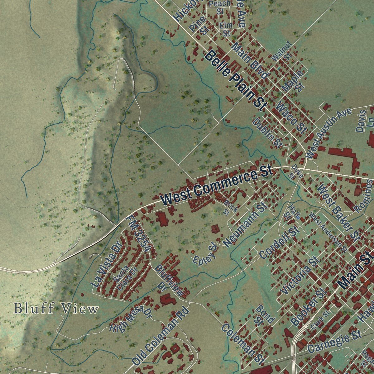 Second close-up of the map of Brownwood, Texas print showing more streets and buildings