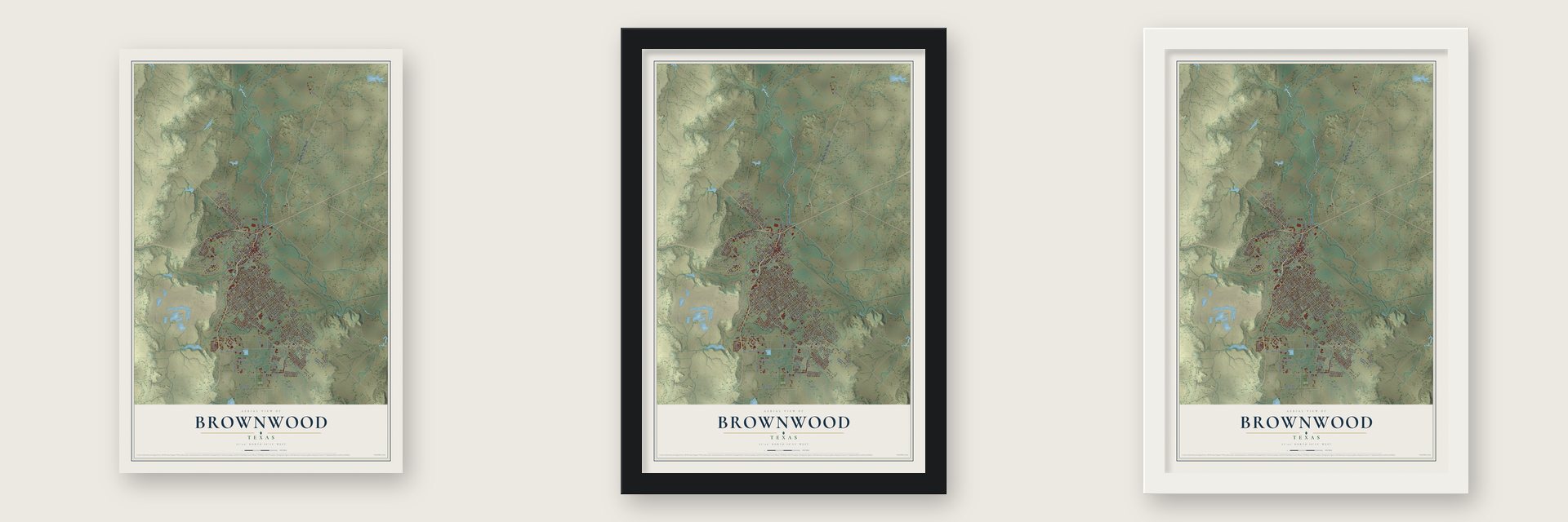 Brownwood, Texas map unframed, in a black wood frame and in a white wood frame