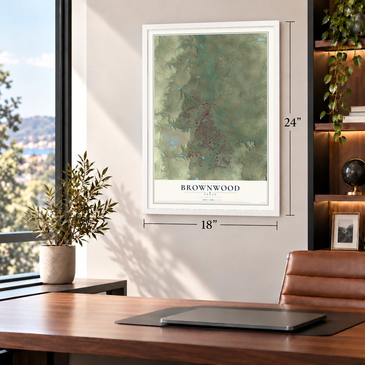 Brownwood, Texas map, 18 x 24 inch print in a white frame in a home office