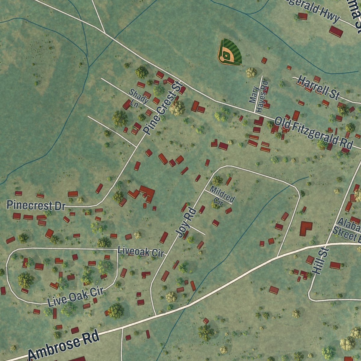 Second close-up of the map of Broxton, Georgia print showing more streets and buildings