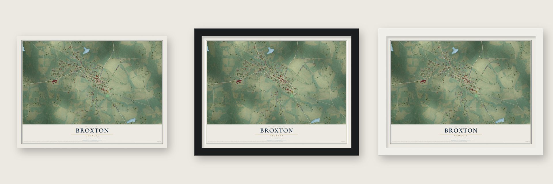 Broxton, Georgia map unframed, in a black wood frame and in a white wood frame