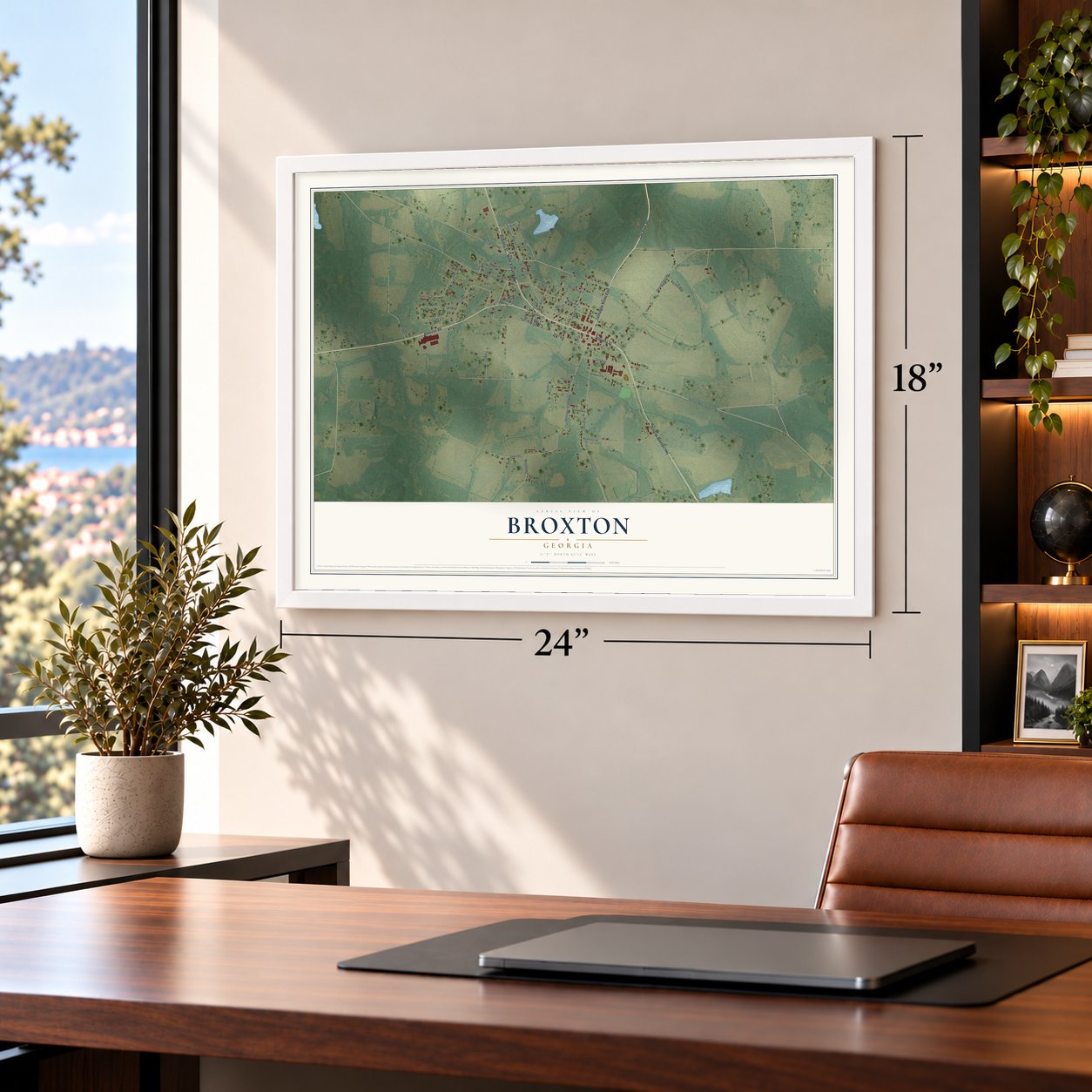 Broxton, Georgia map, 18 x 24 inch print in a white frame in a home office