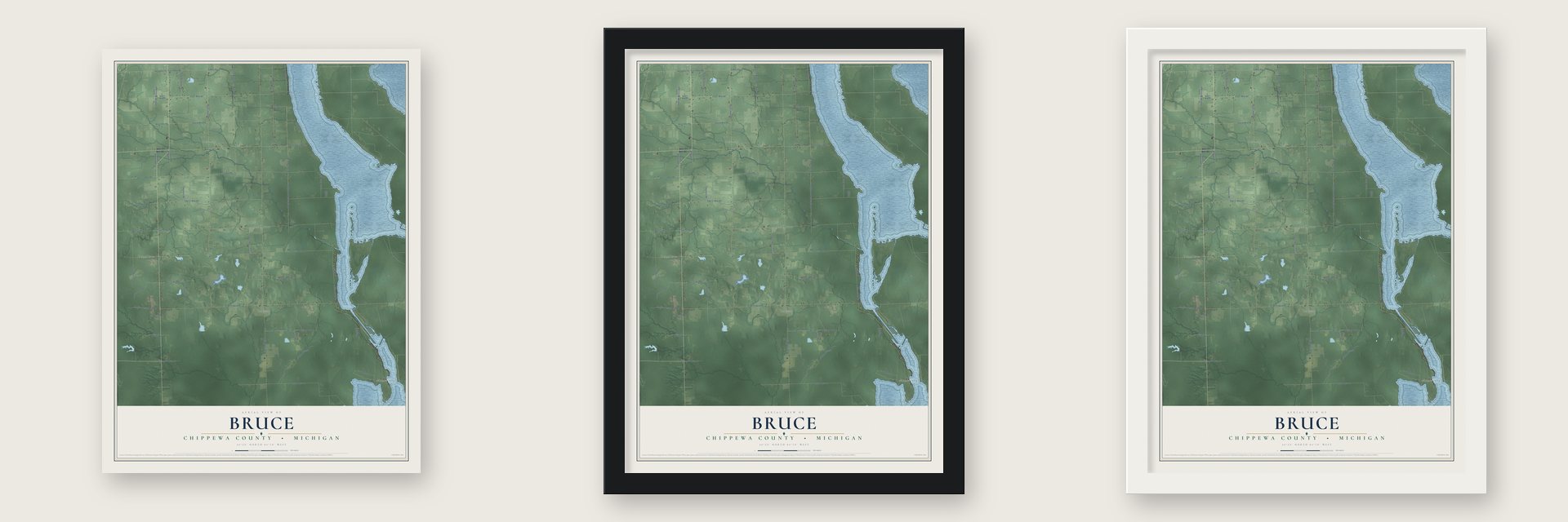 Bruce, Chippewa County, Michigan map unframed, in a black wood frame and in a white wood frame