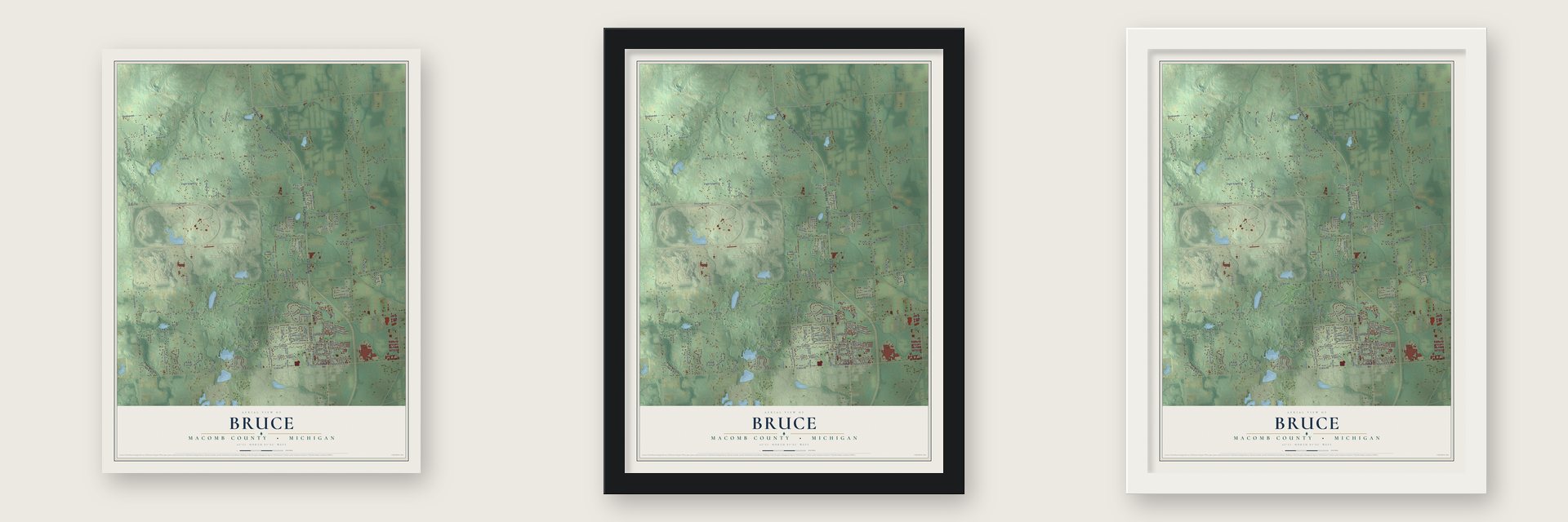 Bruce, Macomb County, Michigan map unframed, in a black wood frame and in a white wood frame
