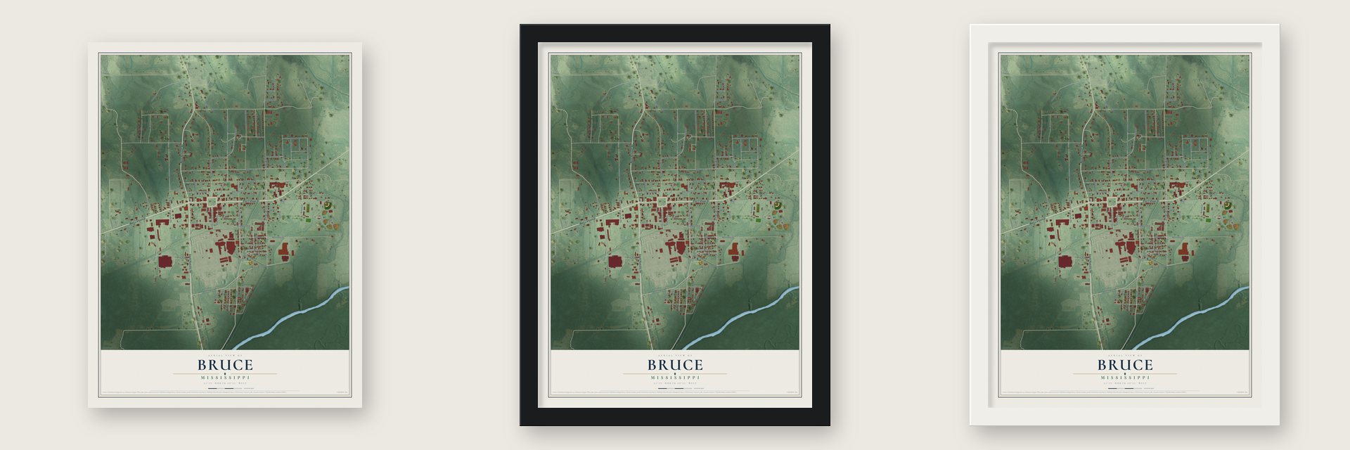 Bruce, Mississippi map unframed, in a black wood frame and in a white wood frame