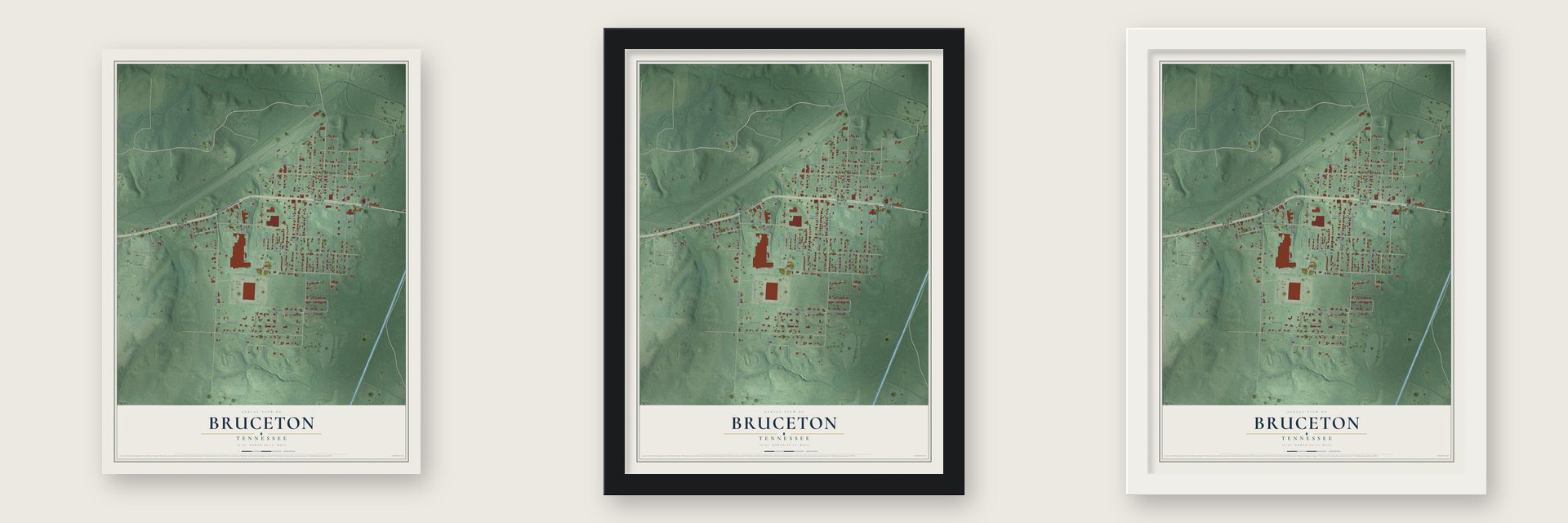 Bruceton, Tennessee map unframed, in a black wood frame and in a white wood frame