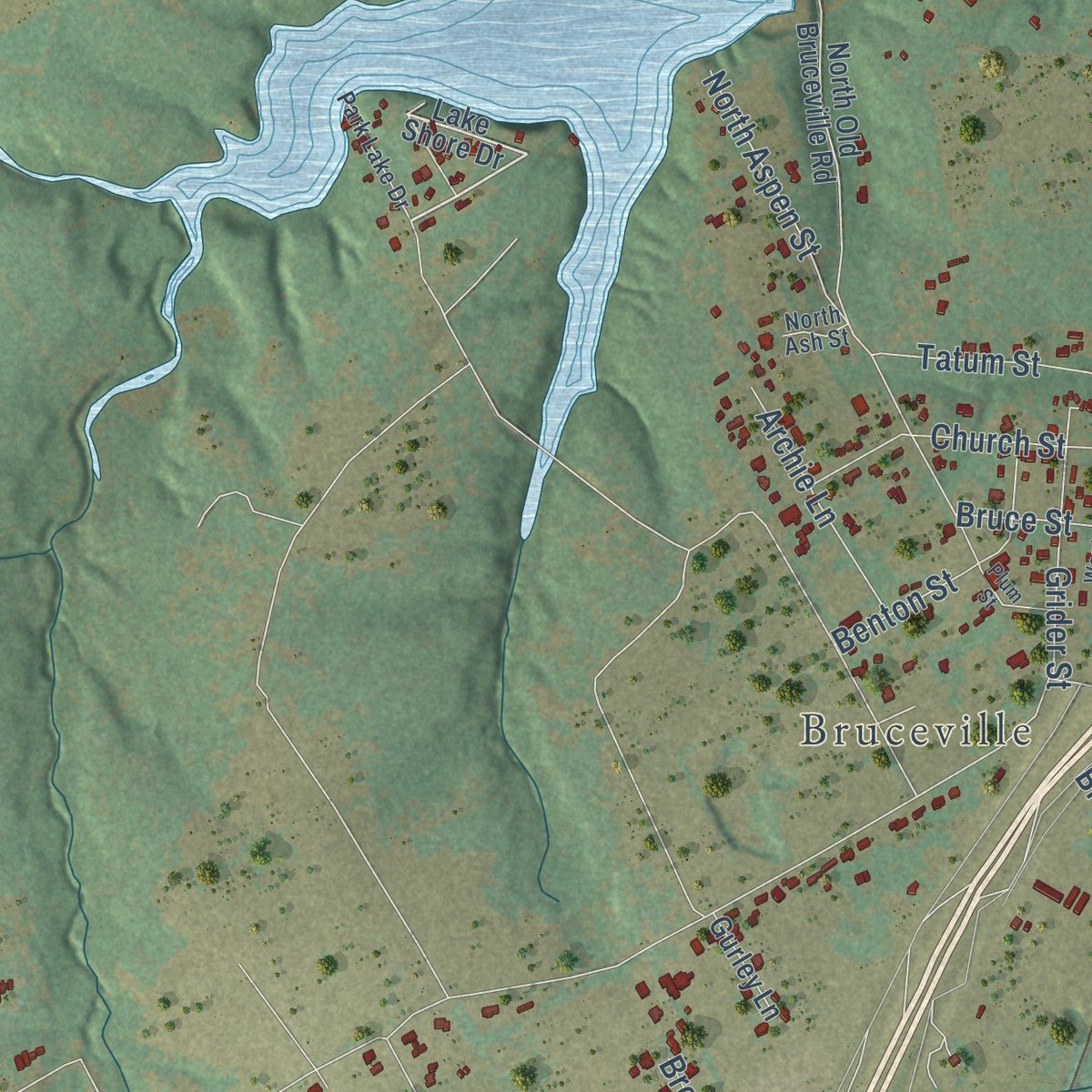 Second close-up of the map of Bruceville-Eddy, Texas print showing more streets and buildings