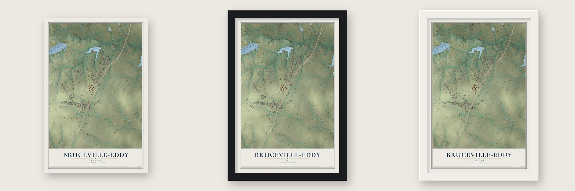 Bruceville-Eddy, Texas map unframed, in a black wood frame and in a white wood frame