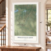 Bruceville-Eddy, Texas map, 24 x 36 inch print in a white frame by a staircase