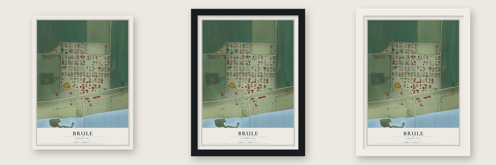 Brule, Nebraska map unframed, in a black wood frame and in a white wood frame