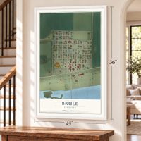 Brule, Nebraska map, 24 x 36 inch print in a white frame by a staircase