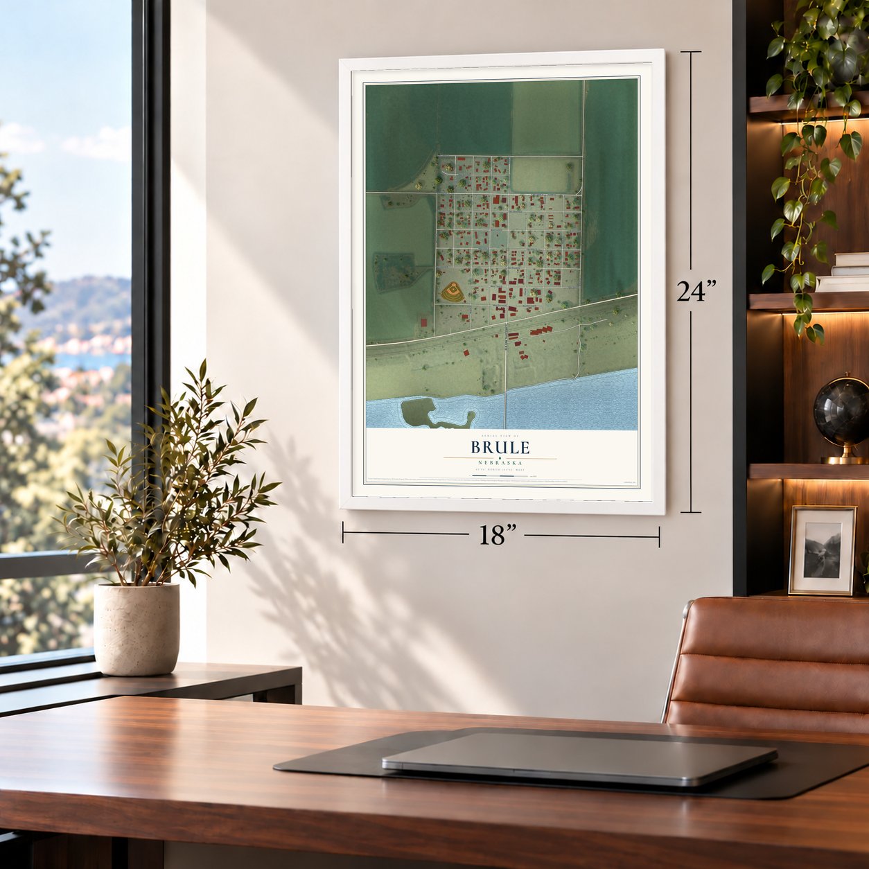 Brule, Nebraska map, 18 x 24 inch print in a white frame in a home office