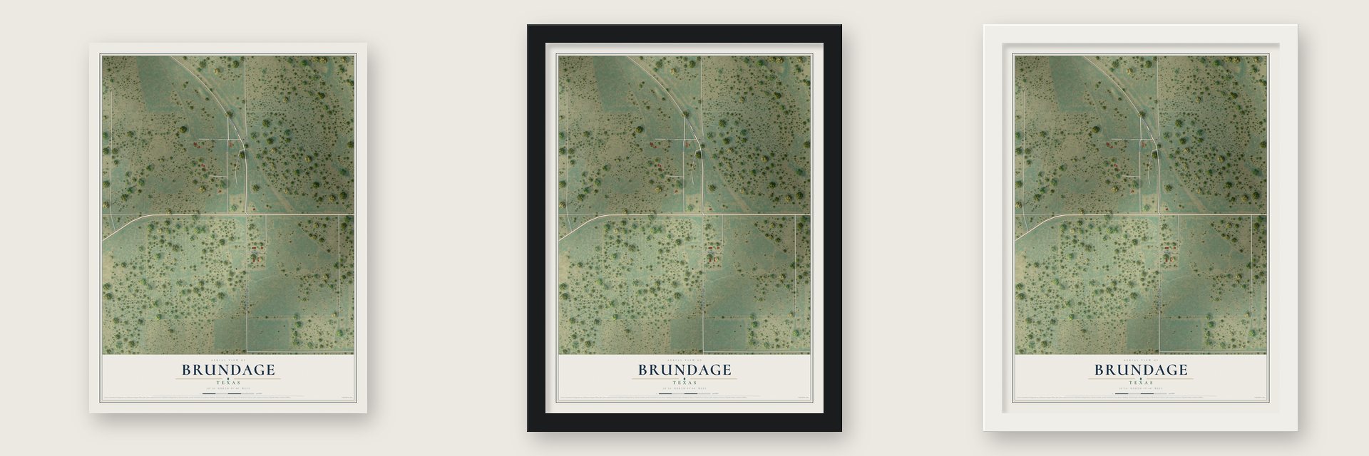 Brundage, Texas map unframed, in a black wood frame and in a white wood frame