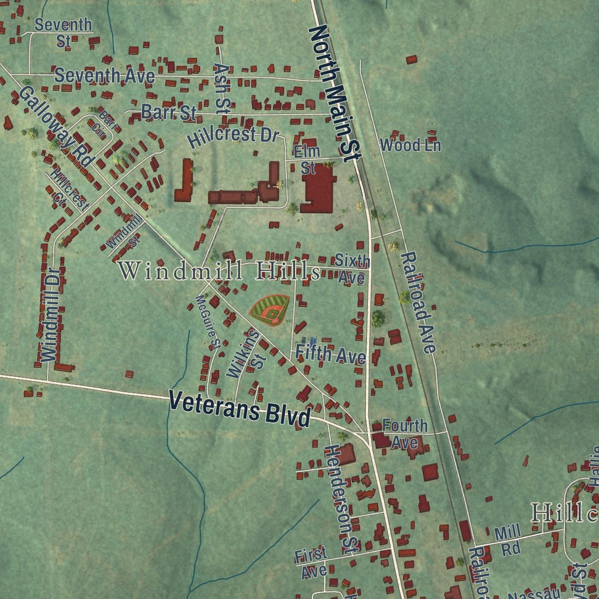 Second close-up of the map of Brundidge, Alabama print showing more streets and buildings