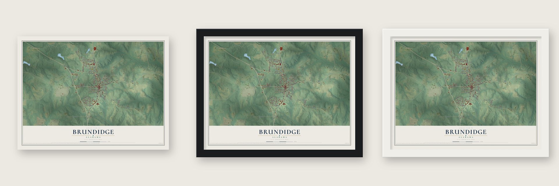 Brundidge, Alabama map unframed, in a black wood frame and in a white wood frame