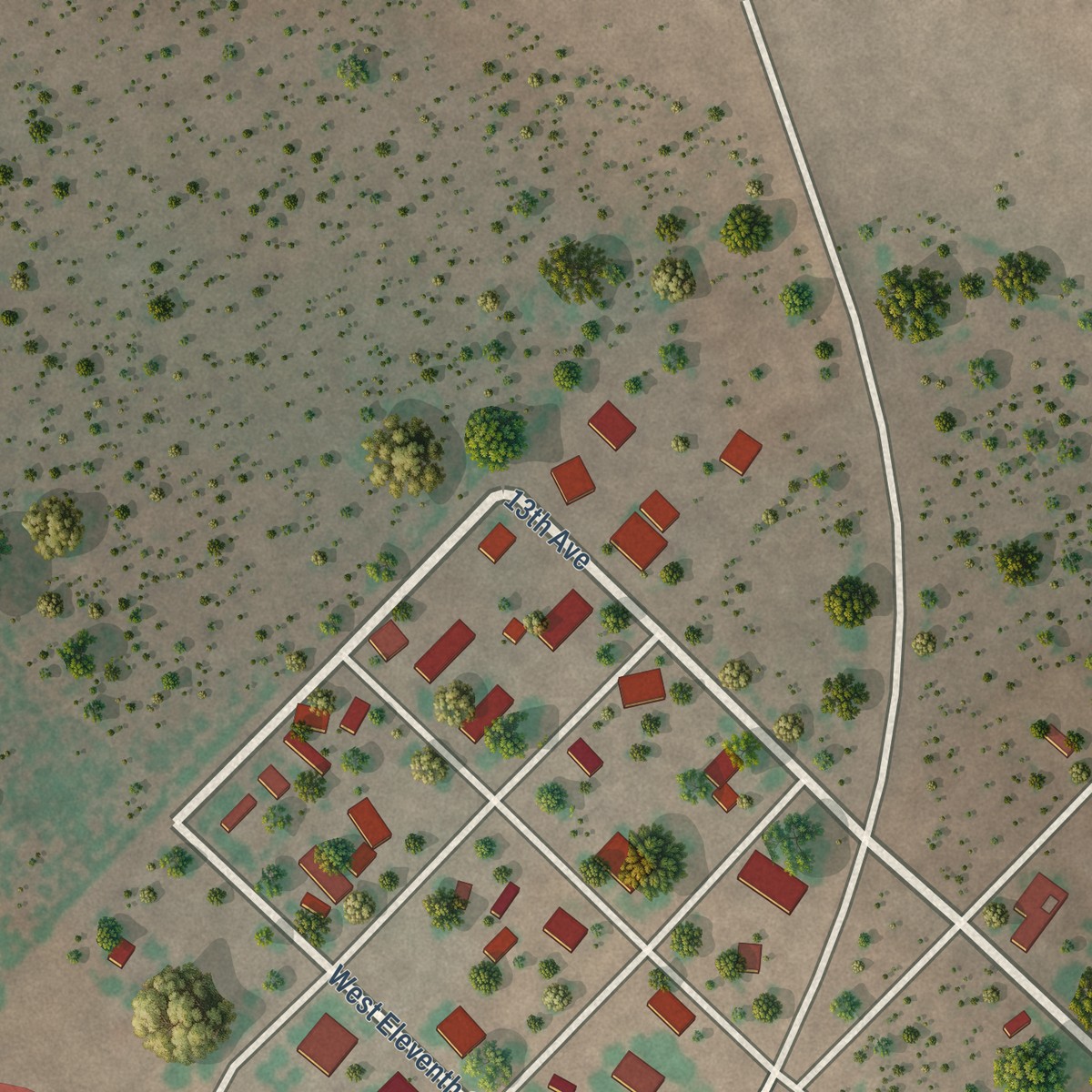 Second close-up of the map of Bruni, Texas print showing more streets and buildings