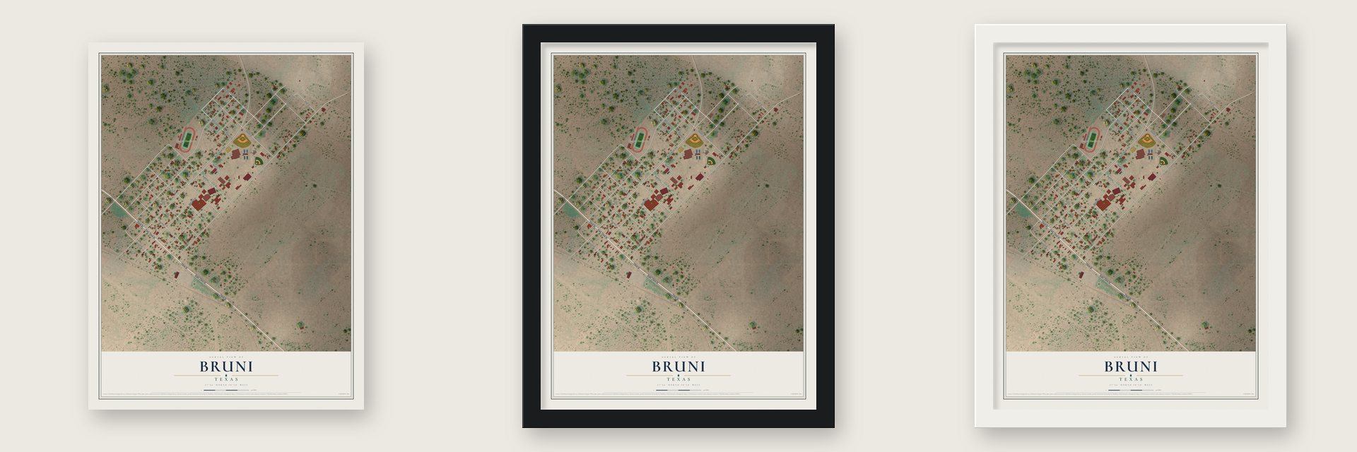 Bruni, Texas map unframed, in a black wood frame and in a white wood frame