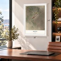 Bruni, Texas map, 18 x 24 inch print in a white frame in a home office