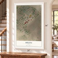 Bruni, Texas map, 24 x 36 inch print in a white frame by a staircase