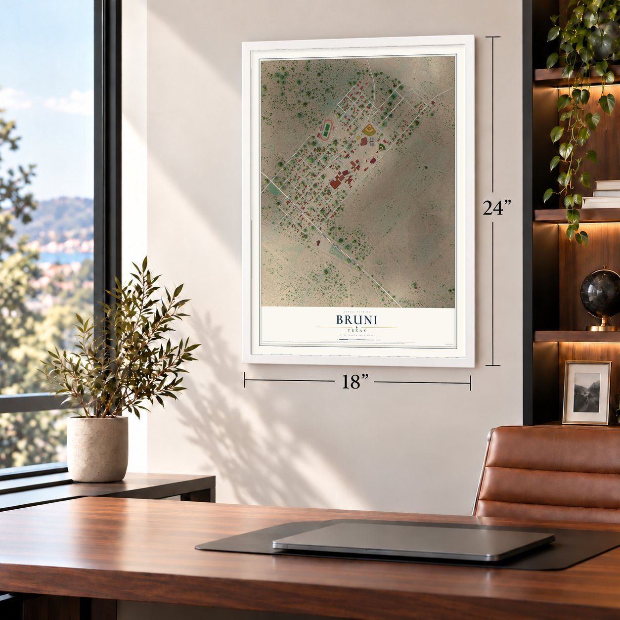 Bruni, Texas map, 18 x 24 inch print in a white frame in a home office