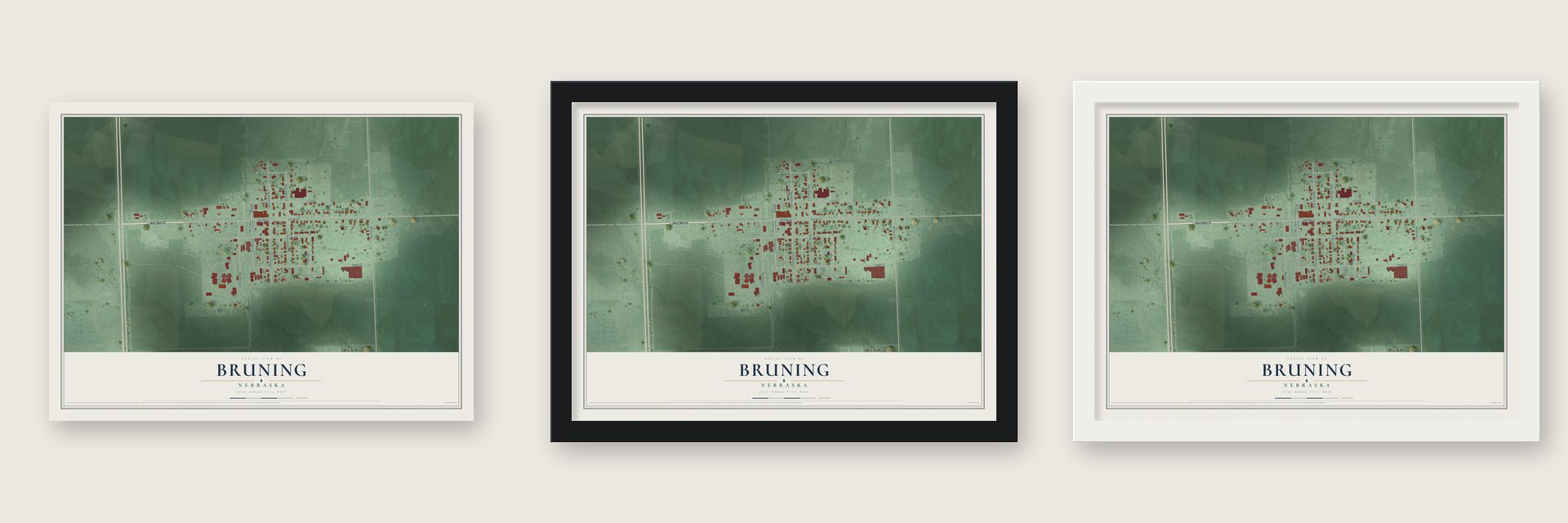 Bruning, Nebraska map unframed, in a black wood frame and in a white wood frame