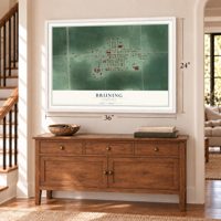 Bruning, Nebraska map, 24 x 36 inch print in a white frame above a dresser by a staircase