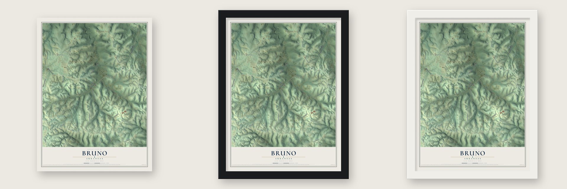 Bruno, Arkansas map unframed, in a black wood frame and in a white wood frame
