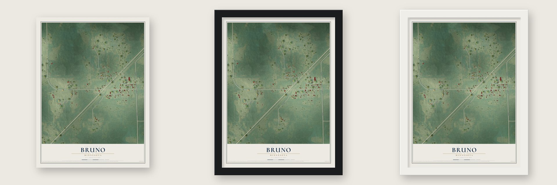 Bruno, Minnesota map unframed, in a black wood frame and in a white wood frame