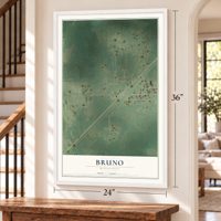 Bruno, Minnesota map, 24 x 36 inch print in a white frame by a staircase