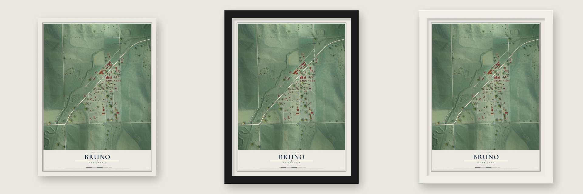 Bruno, Nebraska map unframed, in a black wood frame and in a white wood frame