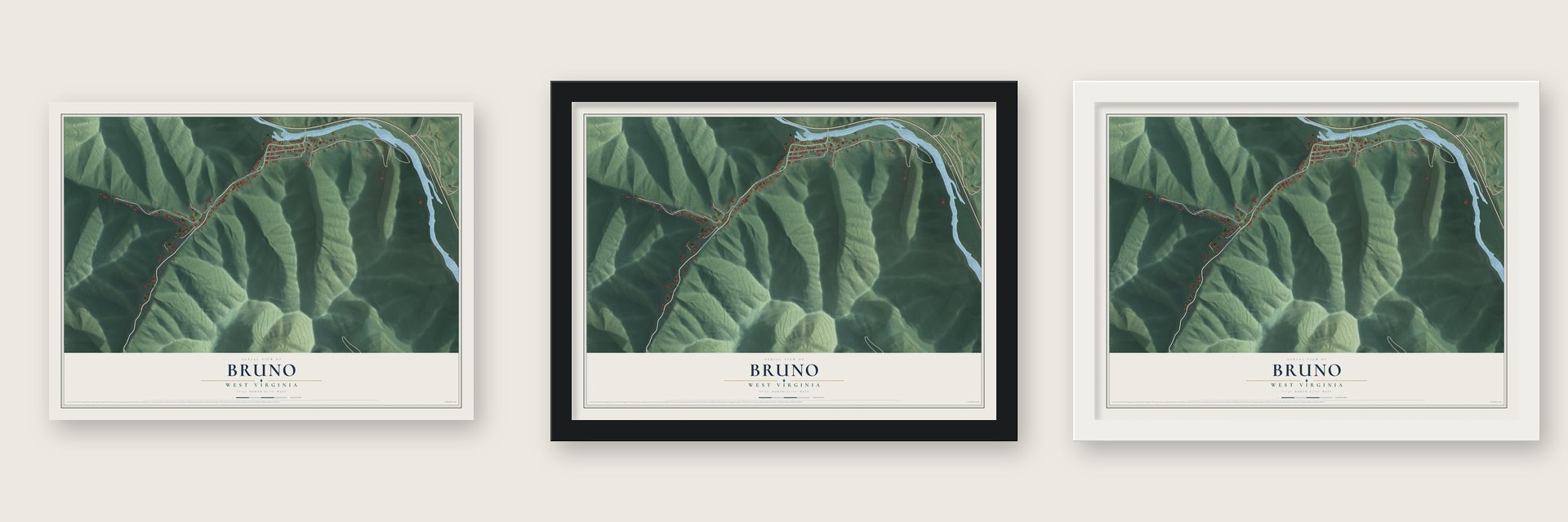 Bruno, West Virginia map unframed, in a black wood frame and in a white wood frame