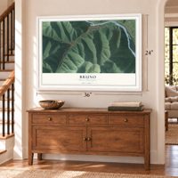 Bruno, West Virginia map, 24 x 36 inch print in a white frame above a dresser by a staircase