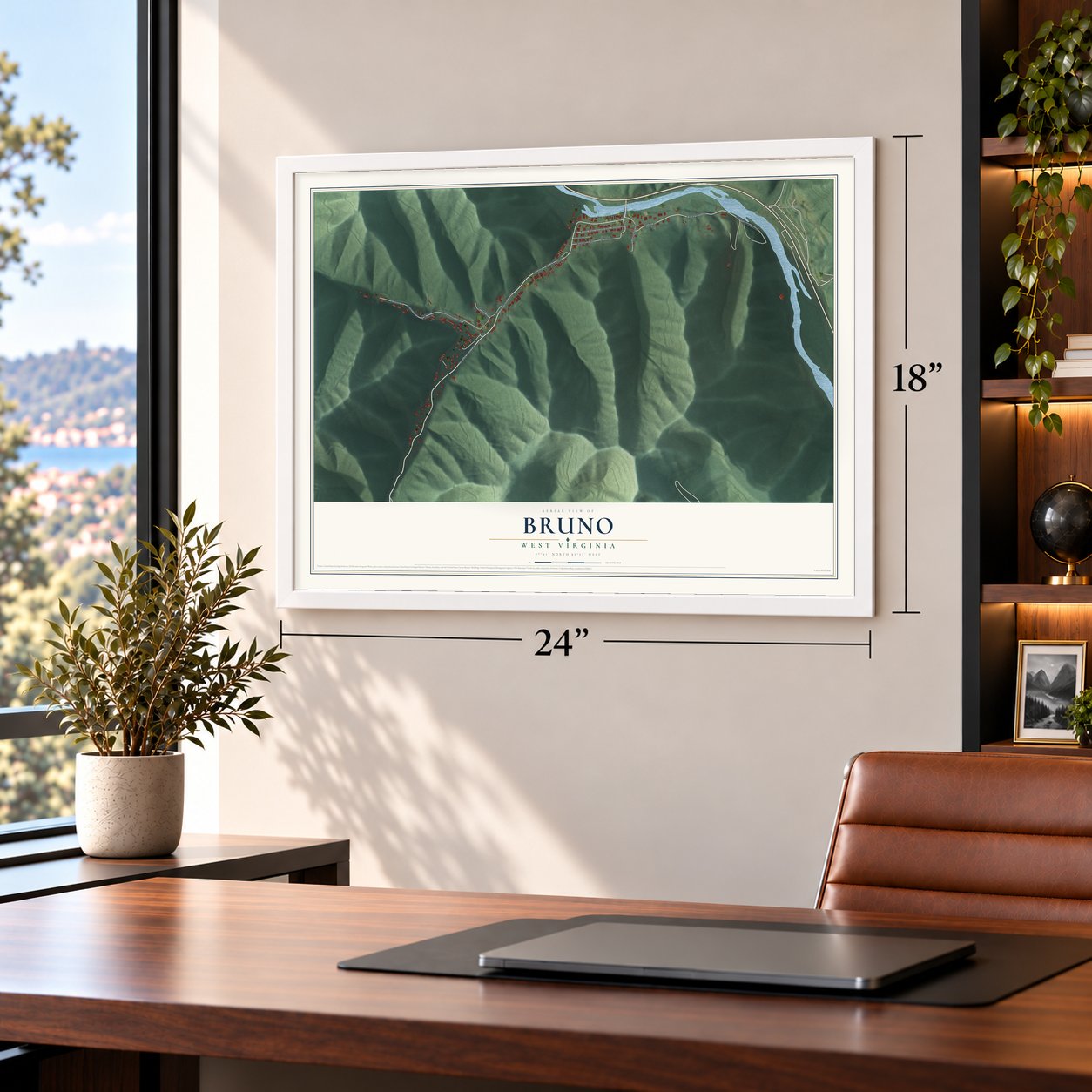 Bruno, West Virginia map, 18 x 24 inch print in a white frame in a home office