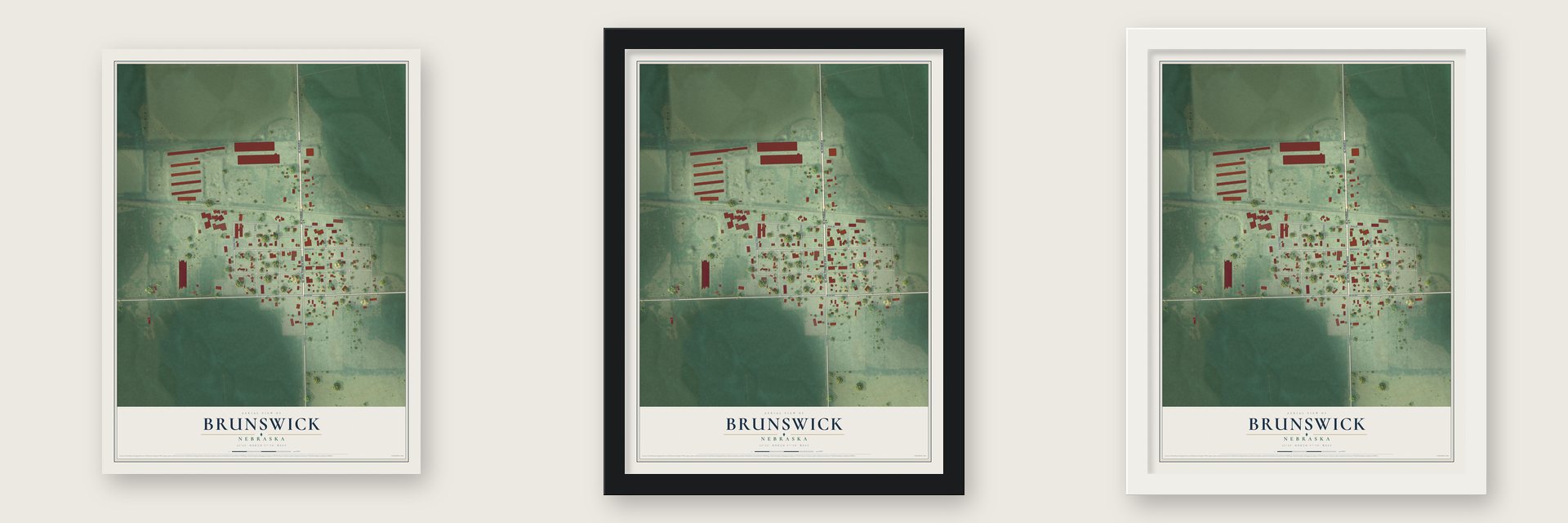 Brunswick, Nebraska map unframed, in a black wood frame and in a white wood frame