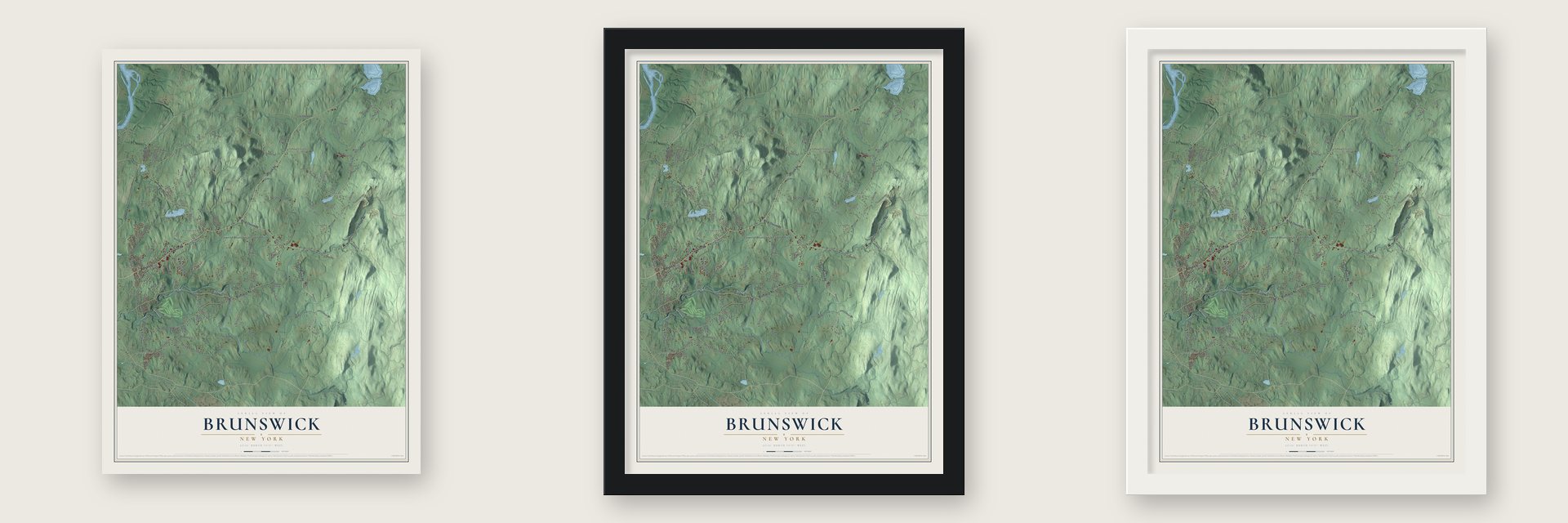 Brunswick, New York map unframed, in a black wood frame and in a white wood frame