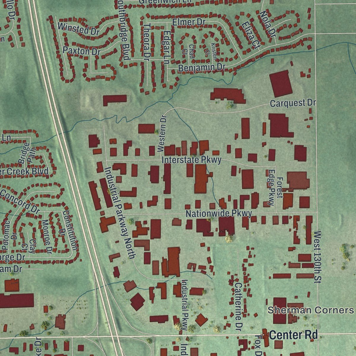 Second close-up of the map of Brunswick, Ohio print showing more streets and buildings