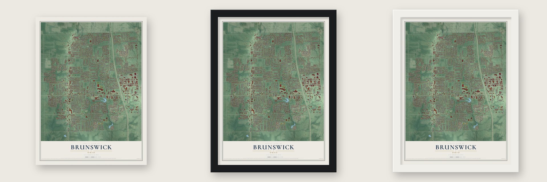 Brunswick, Ohio map unframed, in a black wood frame and in a white wood frame