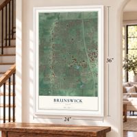Brunswick, Ohio map, 24 x 36 inch print in a white frame by a staircase