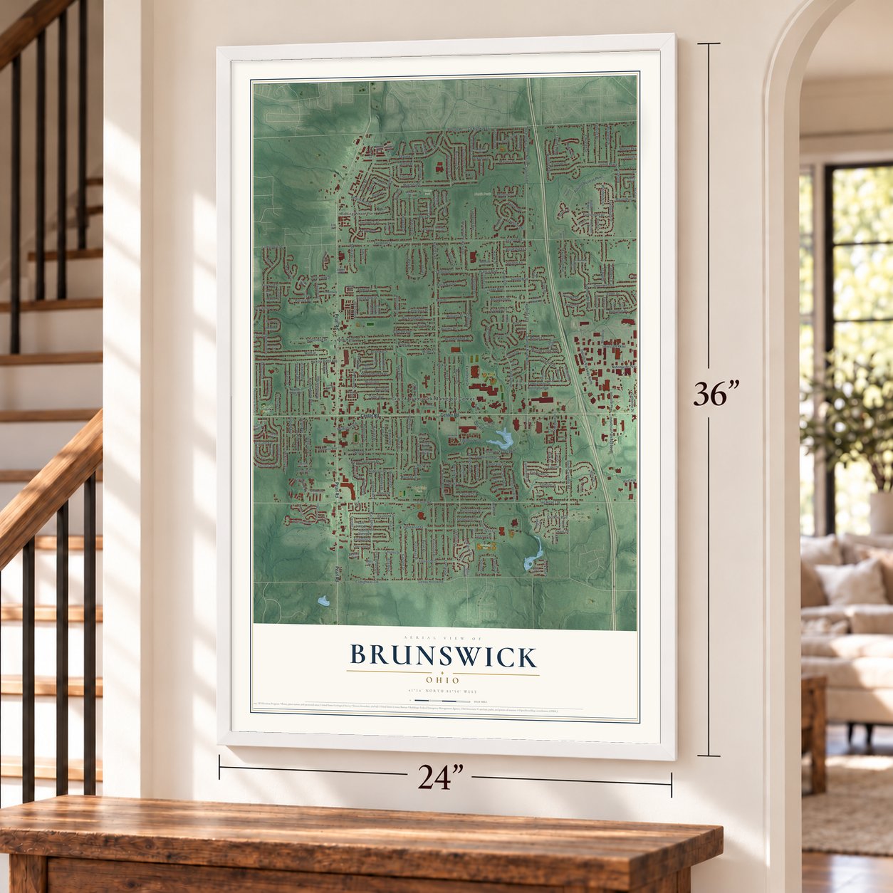 Brunswick, Ohio map, 24 x 36 inch print in a white frame by a staircase