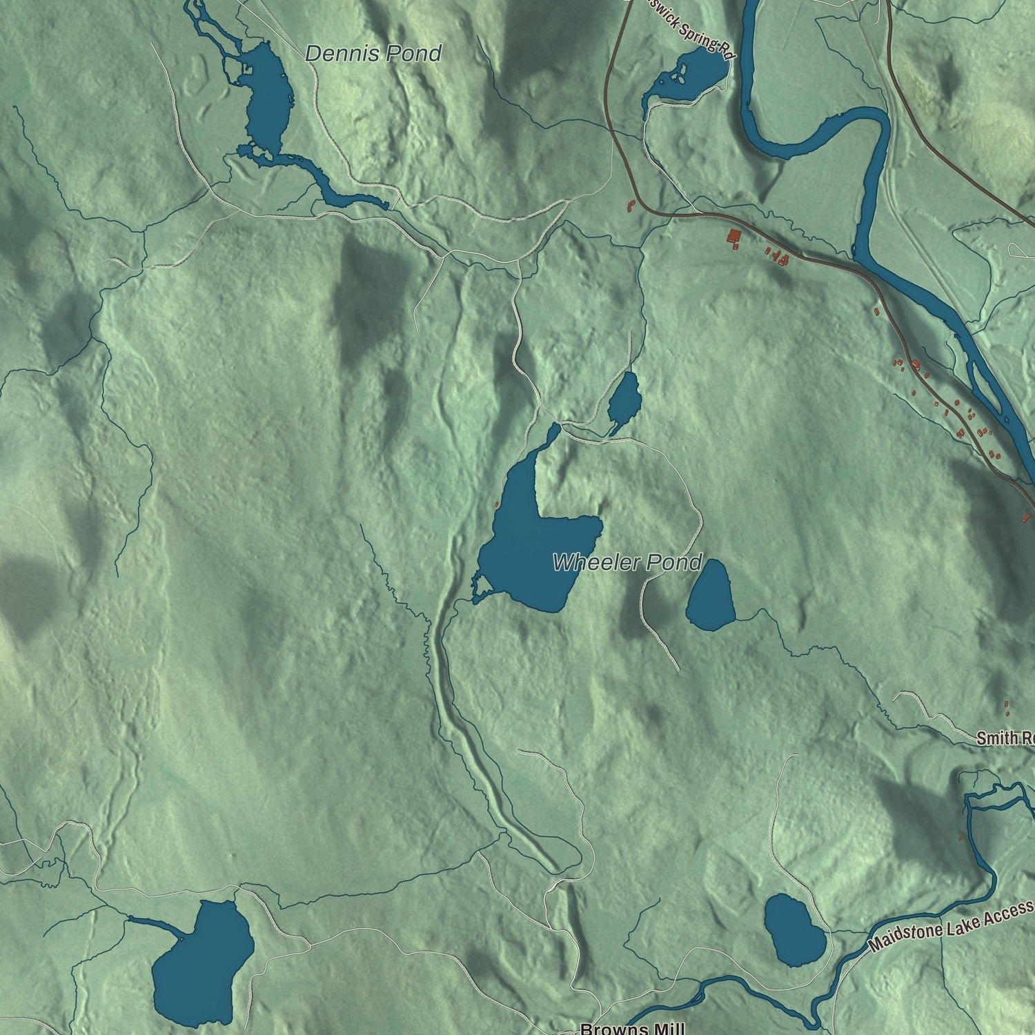 Close-up of the map of Brunswick, Vermont print showing terrain and local geography