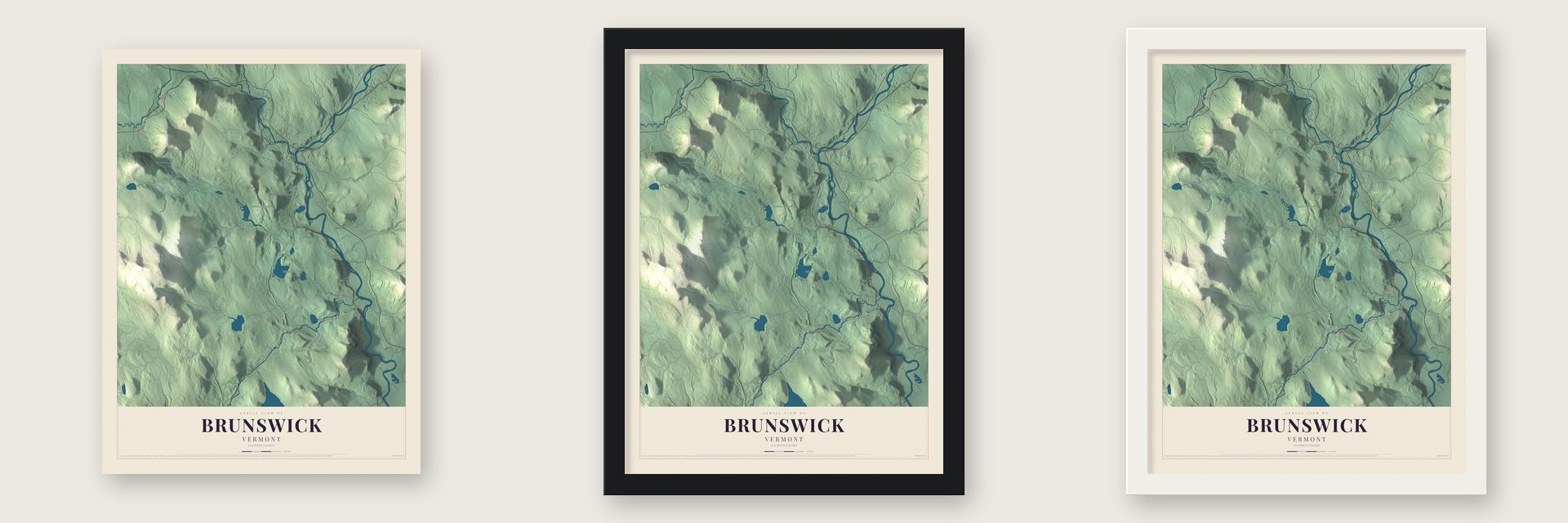 Brunswick, Vermont map unframed, in a black wood frame and in a white wood frame