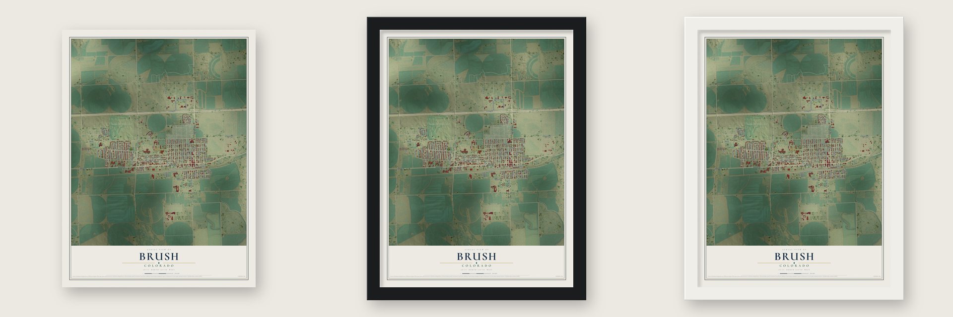 Brush, Colorado map unframed, in a black wood frame and in a white wood frame