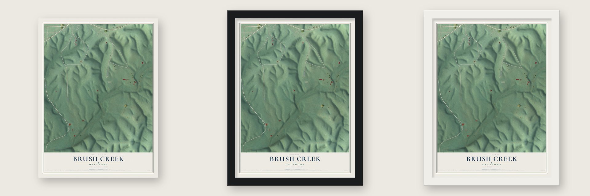 Brush Creek, Oklahoma map unframed, in a black wood frame and in a white wood frame