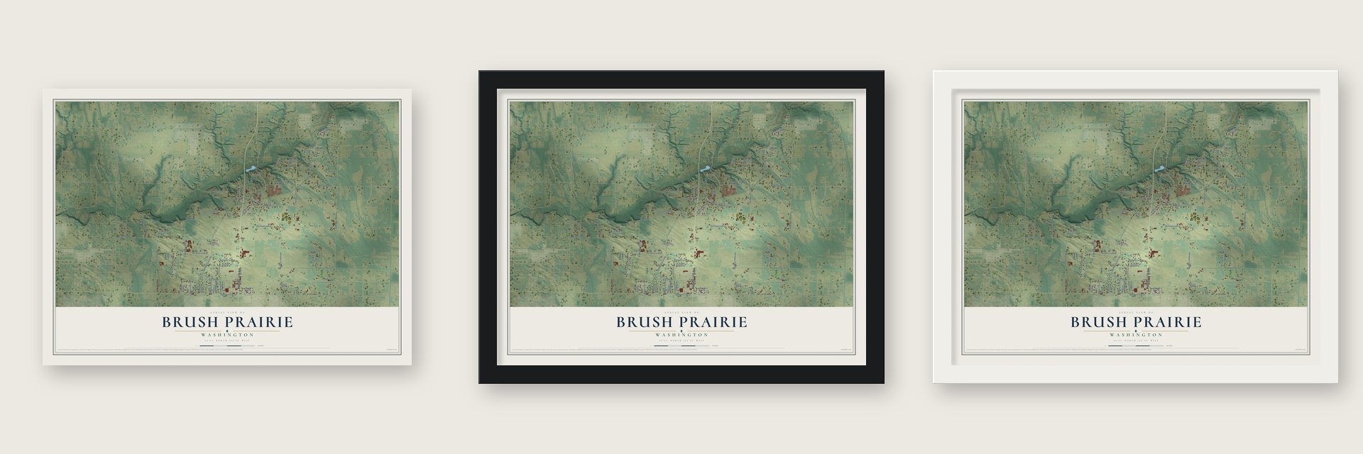 Brush Prairie, Washington map unframed, in a black wood frame and in a white wood frame