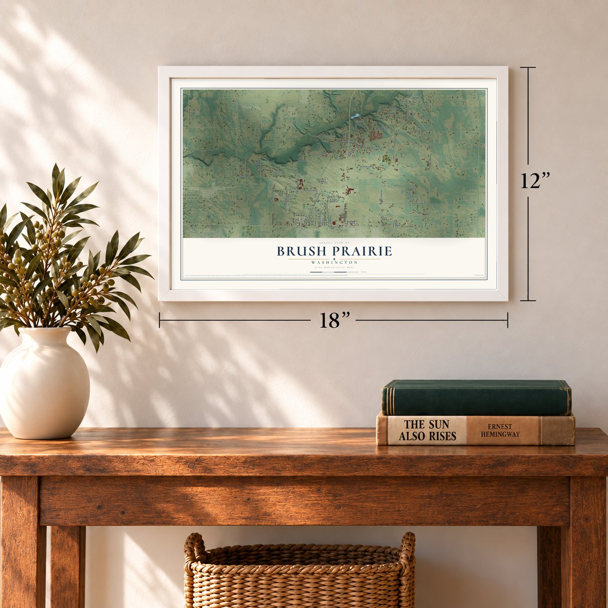 Brush Prairie, Washington map, 12 x 18 inch print in a white frame in an entryway