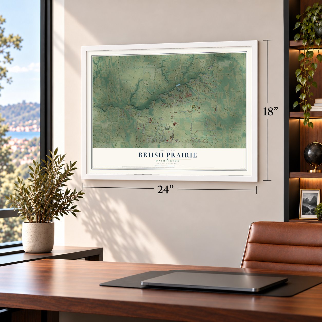 Brush Prairie, Washington map, 18 x 24 inch print in a white frame in a home office