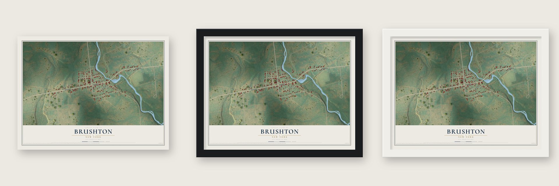 Brushton, New York map unframed, in a black wood frame and in a white wood frame