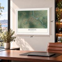 Brushton, New York map, 18 x 24 inch print in a white frame in a home office