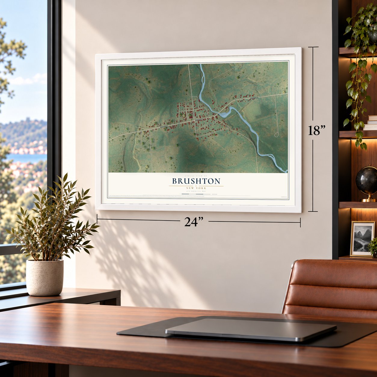Brushton, New York map, 18 x 24 inch print in a white frame in a home office